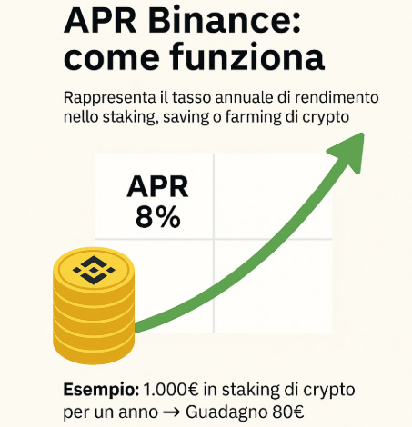 Grafica in italiano che spiega come funziona l’APR su Binance, con esempio di rendimento all’8%, grafico in crescita, logo Binance e simulazione di guadagno su 1.000€ in staking.