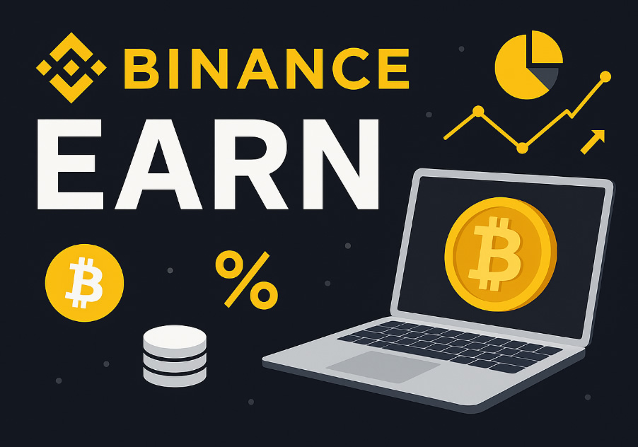 Grafica digitale con sfondo scuro che mostra il logo Binance, la scritta 'Binance Earn' in giallo e bianco, e icone crypto come un laptop con Bitcoin sullo schermo, simbolo di percentuale e grafici di rendimento, a rappresentare il guadagno passivo con Binance Earn.