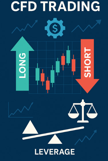 Grafico con frecce long e short, leva e bilancia: concetto visivo di trading CFD