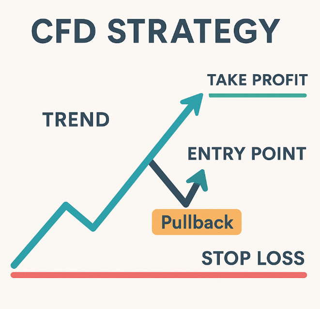 Grafico illustrativo della strategia CFD: trend, pullback, punto d'ingresso, take profit e stop loss