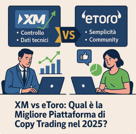 Illustrazione digitale in stile flat che confronta le piattaforme di copy trading XM e eToro nel 2025. Sul lato sinistro, XM è associata a controllo e dati tecnici; sul lato destro, eToro evidenzia semplicità e community. Al centro, simbolo "VS" tra due trader seduti al computer con grafici e icone.