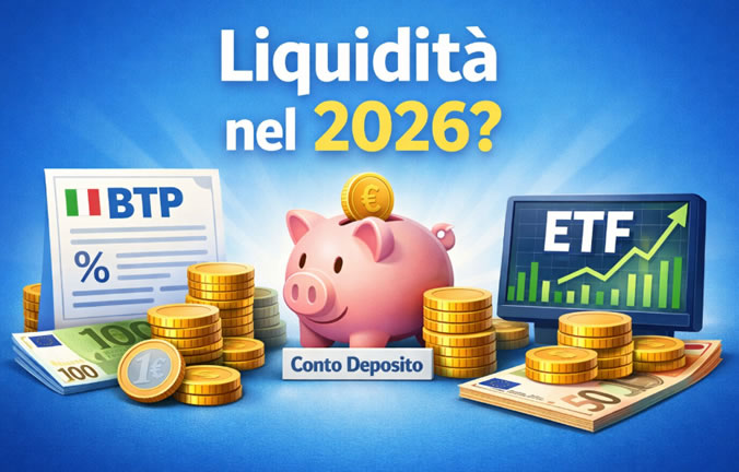 Illustrazione su sfondo blu “Liquidità nel 2026?” con tre opzioni di investimento: BTP, conto deposito (salvadanaio) ed ETF con grafico in crescita, circondati da monete e banconote in euro.