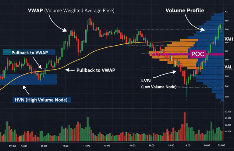 Grafico di trading con VWAP e Volume Profile evidenziati su una sessione di mercato